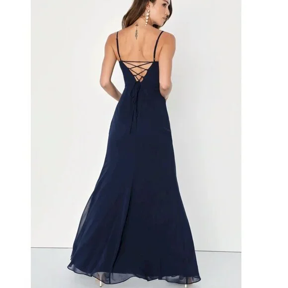 Lulus Feeling Elegant Navy Blue Lace-Up Slit Maxi Dress Size XS NWOT - Picture 2 of 5